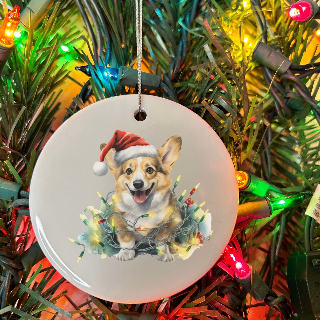 Ceramic Christmas Ornament Corgi with lights