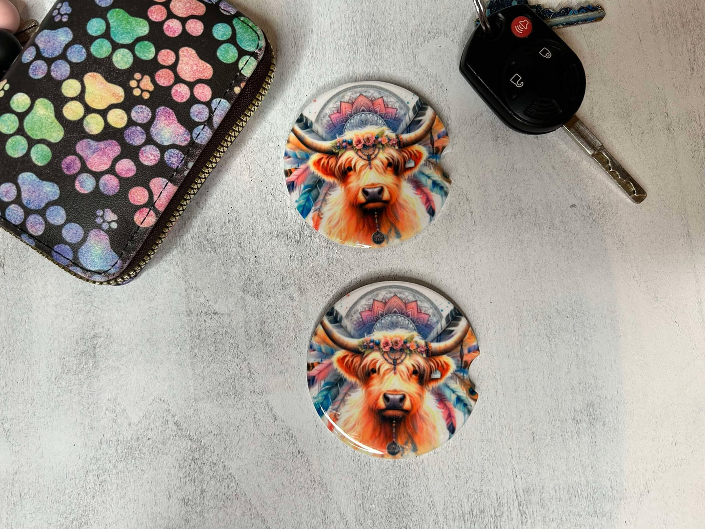 Ceramic Car Coaster Highland Cow and Feathers